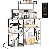 Yaheetech Bakers Rack with Power Outlet, 4-Tier Microwave Stand Cart Coffee Bar with Wire Basket and Wine Storage, Freestanding Kitchen Shelf Extra Counter Space, Gray