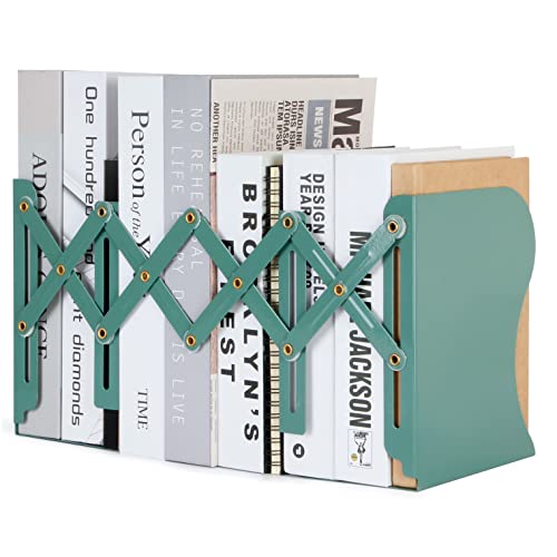 Adjustable Metal Bookends Heavy Duty for Shelves, 2 Dividers, Anti-Slip Design Expandable Book Ends for Desk, Office(Dark Green, 19 inches Max)