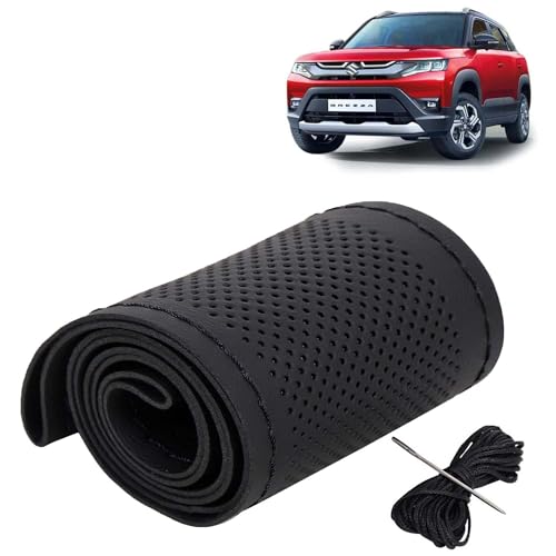 Image of KINGSWAY PU Leatherite Car Steering Cover Sewable Compatible with Maruti Suzuki Brezza (Year 2022 Onwards), Black Color with Black Thread, Pack of 1 with Sewing Needle and Thread