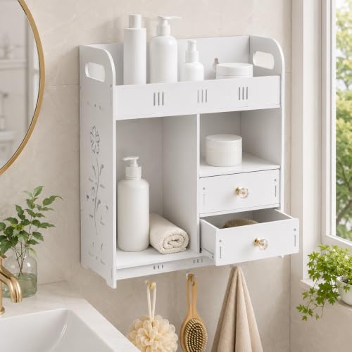 Armario de baño empotrado en pared con 2 cajones, organizador de medicamentos de PVC, impermeable, ahorrador de espacio, capacidad de 33 lb, con baranda elevada miniatura 1