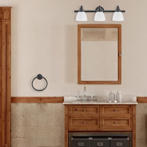 Image of Globe Electric 51227 Jayden 5-Piece All-In-One Bathroom Set, Oil Rubbed Bronze, 3-Light Vanity Light with Frosted Glass Shades, Towel Bar, Toilet Paper Holder, Towel Ring, Robe Hook, Bulb Not Included