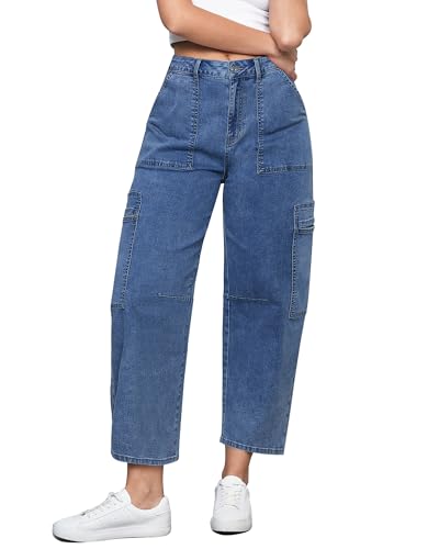 GRAPENT Barrel Jeans for Women Trendy High Waisted Cropped Cargo Pocket Baggy Stretch Denim Pants Wide Leg Tapered Jeans
