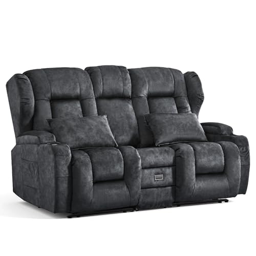 Image of Loveseat Recliner Sofa with Flip-up Console,RV Wall Hugger Recliners for Small Spaces,Reclining Loveseat Sofa Recliner with Cup Holders /Lumbar Pillows,RV Furniture (Gray, 68 inch 2-Seater)