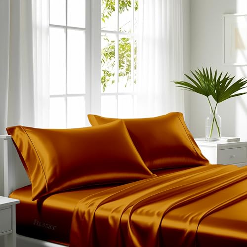 Image of Filbert Satin Bedsheet with 2 Pillow Covers | 90x100 in | 300 TC | Midnight Luxe Satin Dreams Collection for Double Bed | UltraSatin Premium Bedding Set | Copper