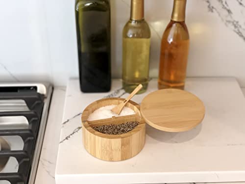 Bamboo Salt And Pepper Box - 2 Compartment - Built-In Serving Spoon - Swivel Lid With Magnet To Keep Dry, Dust-Free - Salt Cellar Seasoning Container Holder Bowl- Divider With 7 Ounce Capacity #TOP6
