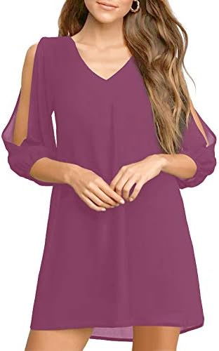 Jusfitsu Shift Dress for Women Chiffon Cold Shoulder Loose Fitting Skirt V Neck Sheer Sleeve Wedding Party Dress Purple L