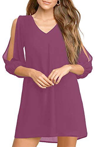 Jusfitsu Shift Dress For Women Chiffon Cold Shoulder Loose Fitting Skirt V Neck Sheer Sleeve Wedding Party Dress Purple L #TOP1