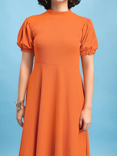 Image of PURVAJA Women's Fit & Flare Knee Length Short Sleeve Turtle Neck Solid Dress