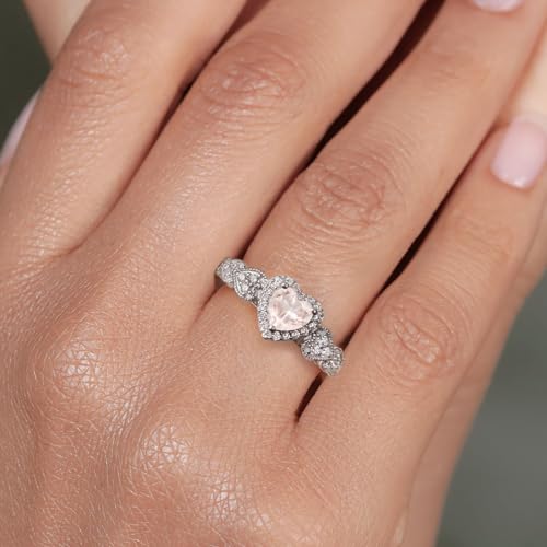 925 Sterling Silver Heart Gemstone Birthstone and White Moissanite Halo Ring for Women | 6MM Heart Shape Center with Pave Accents | Wedding Anniversary Engagement Promise Ring | Sizes 5-94
