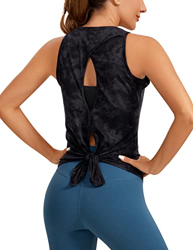CRZ YOGA Women's Pima Cotton Workout Tanks Tie Back Sleeveless Shirts Yoga Athletic Open Back Sport Gym Tops Tie Dye Smoke Ink Small