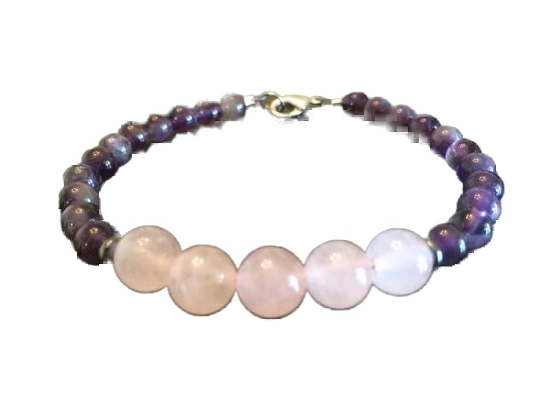 Bracelet améthyste quartz rose 6-8mm et chaîne maillons en argent fin 925