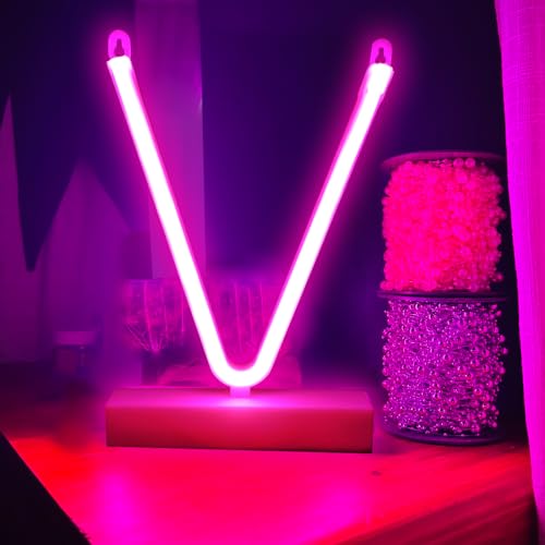Image of V Letter Pink Neon Signs Led Neon Light up Decorative Art Lights Battery /USB Operated for Home Shop Bar Baby Shower Birthday Wedding Party,Valentine Gifts
