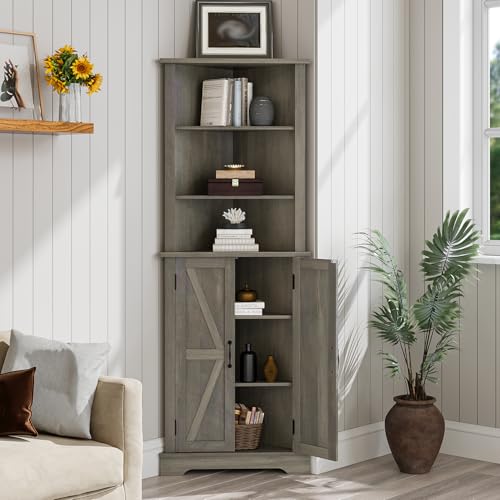 649-Tall-Bathroom-Corner-Cabinet-Farmhouse-Floor-Corner-Cabinet-with-Doors-and-Adjustable-Shelves-Freestanding-Wooden-Storage-Hutch-Cupboard-for-Bathroom-Kitchen-Living-Room-Grey 649 Tall Bathroom Corner Cabinet Farmhouse Floor Corner Cabinet with Doors and Adjustable Shelves Freestanding Wooden Storage Hutch Cupboard for Bathroom Kitchen Living Room Grey