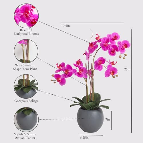 CG Hunter Faux Pink Orchid Plant, Premium Artificial Indoor Flower Display Stands 23-Inches with Beautiful Sculptural Blooms and Foliage That Lasts Forever, Grey Planter Pot Included - Image 3