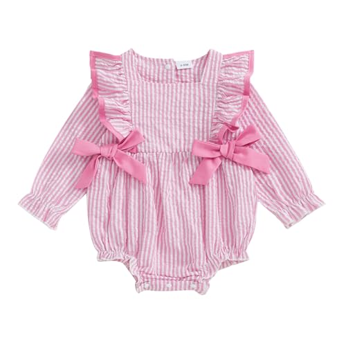 Newborn Baby Girl Fall Outfit Striped Ruffle Long Sleeve Romper Bodysuit Smocked Bubble Clothes (Pink 12-18 Months)