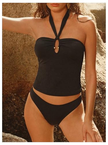 MakeMeChic Women's Tankini Swimsuits Halter Tie Back Tummy Control Swimwear Bathing Suit2