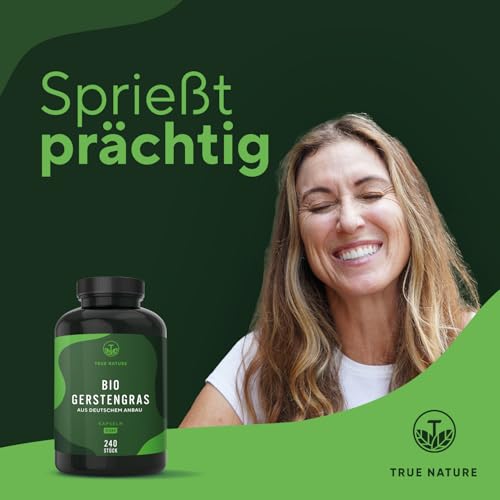Bio Gerstengras – 240 vegane Kapseln – 3.000 mg pro Tag – aus deutschem Anbau & in Deutschland produziert – laborgeprüft & biozertifiziert – hochdosiert, vegan & frei von Zusatzstoffen – TRUE NATURE® 2