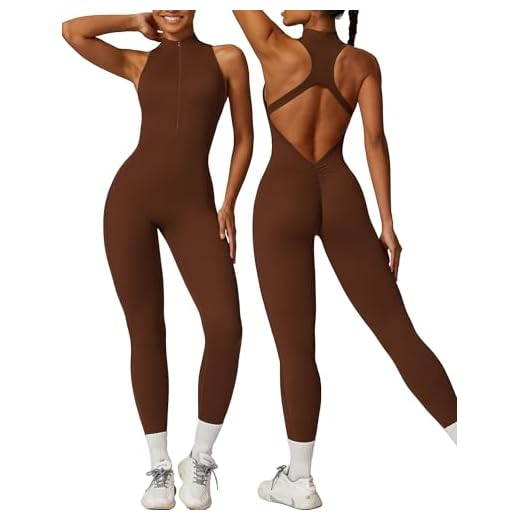 Macacão feminino para treino, ioga, academia, body justo com zíper, sem mangas, peça única, sem costas, franzido, sexy(Brown,M)