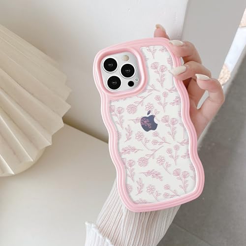 QLTYPRI for iPhone 12/iPhone 12 Pro Case, Curly Wave Frame Clear Phone Case with Aesthetic Floral Flower Design for Girls Women, Clear Soft Silicone TPU Bumper Shockproof Protective Cover - Pink/Pink