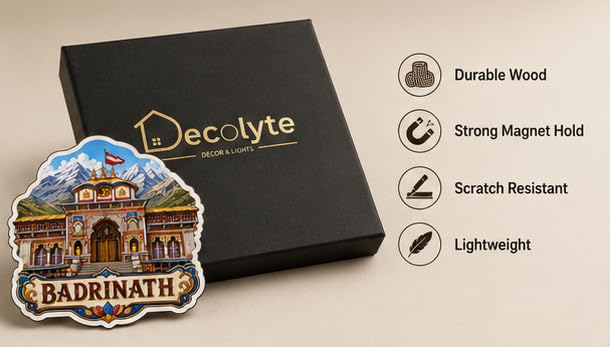 Image of Badrinath Temple Theme Wooden Fridge Magnet Souvenir | 3x3 in Kitchen Home Decor Gift