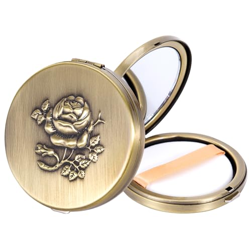 Fashion Creative Luxury Metal Beauty Sponge Case, Rose Gold Pattern, 7 cm Compact Mirror Case with Puff, Travel Makeup Powder Holder (Bronze)
