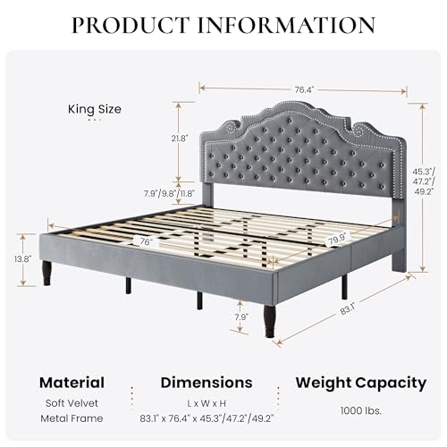 SHA CERLIN King Size Platfrom Bed Frame with Adjustable Headboard/Velvet Upholstered Diamond Button Tufted and Metal Studs/No Box Spring Needed/Easy Assembly/Woodenen Slat Support/Light Grey