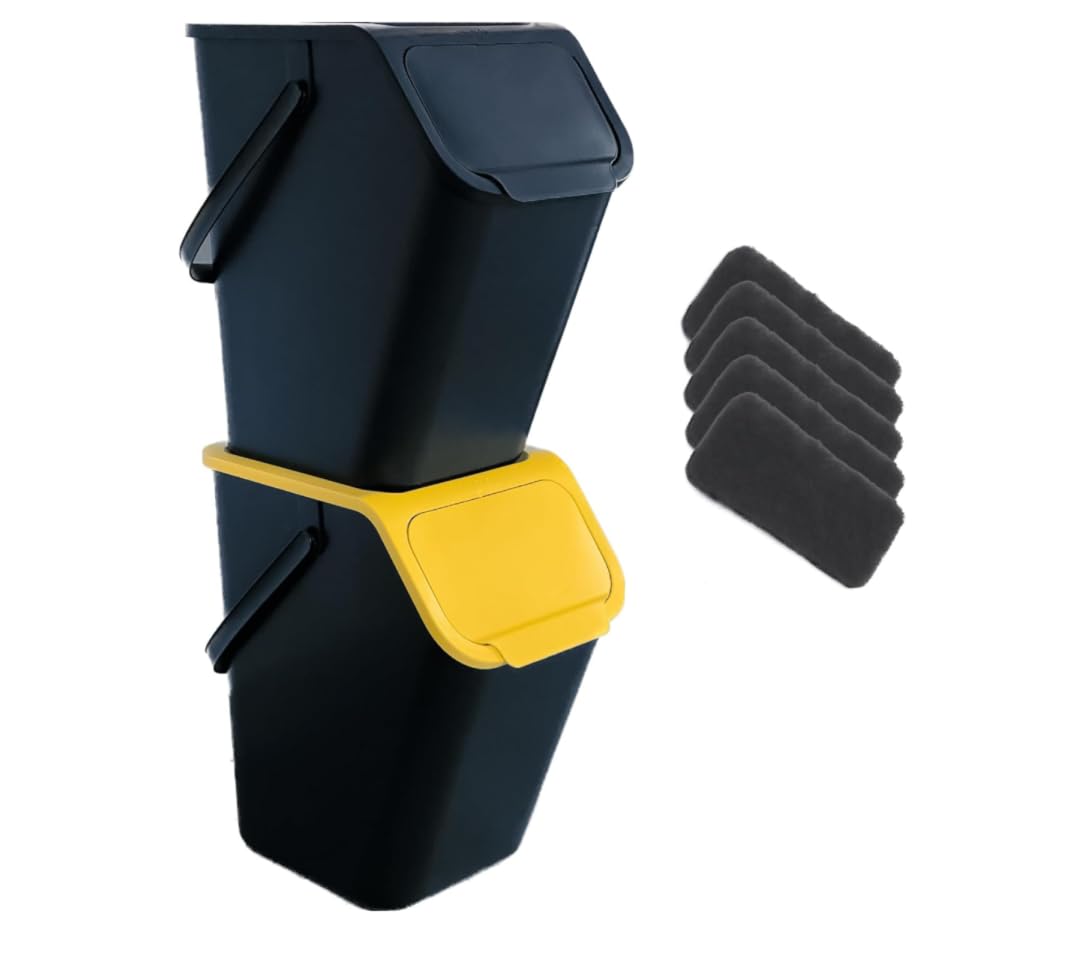 Set di 2 bidoni da cucina da 25 l, con coperchio, 2 filtri a carbone bioattivo, impilabili, sistema a "clic"