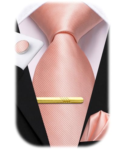 Image of Hi-Tie Pink Solid Ties for Men Silk Necktie Set for Men Wedding Business Tie Pocket Square Cufflinks Tie Clip Gift Set, Medium