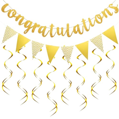 Image of Solvio Gold Congratulations Banner, Glitter Pennants, 12PCS Double Hanging Swirls, Pre-Strung Congrats Banner for Wedding, Engagement, Graduation, Anniversary, Celebration Party Decorations