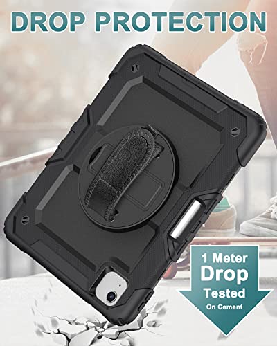 Supveco Ipad Air 5Th Generation/Ipad Air 4Th Generation Case 10.9-Inch 2022/2020, [360 Rotating Hand Strap + Kickstand] With Screen Protector Pencil Holder, Drop Protection Rugged Cover, Black #TOP6