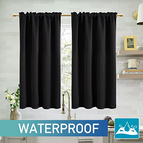 Black Curtains 48 Inch Length 2 Panels For Bathroom Window Kitchen Waterproof Rod Pocket Thermal Insulated Light Blocking Room Darkening Black Out Blinds & Shades For Bedroom Windows 34 Inches Wide #TOP1