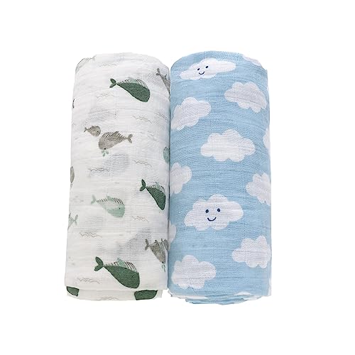 Image of Miracle Baby Muslin Swaddle Blanket for Girl Boy, 47 inchx47 inch 100% Cotton Muslin Extra-Large Swaddle Blankets, Muslin Swaddling Wrap Neutral Receiving Blanket for Newborn, 2 Pack, Cloud + Whale