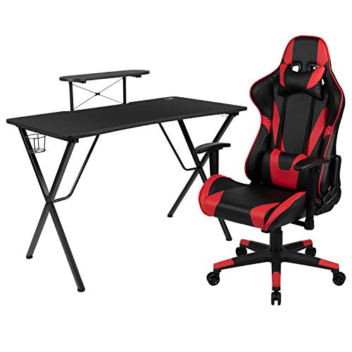 Flash Furniture Optis Black Gaming Desk and Red/Black Reclining Gaming Chair Set with Cup Holder, Headphone Hook, and Monitor/Smartphone Stand