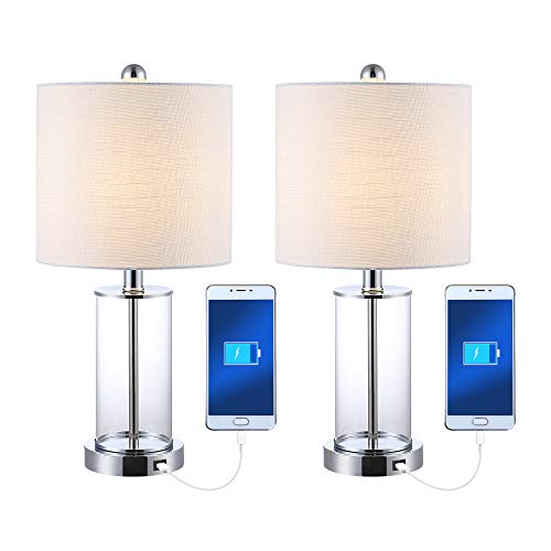 Jonathan Y Jyl8500C-Set2 Set Of 2 Table Lamps Abner 21" Glass Modern Contemporary Usb Charging Led Table Lamp Bedside Desk Nightstand Lamp For Bedroom Living Room Office College, Chrome/Clear #TOP7