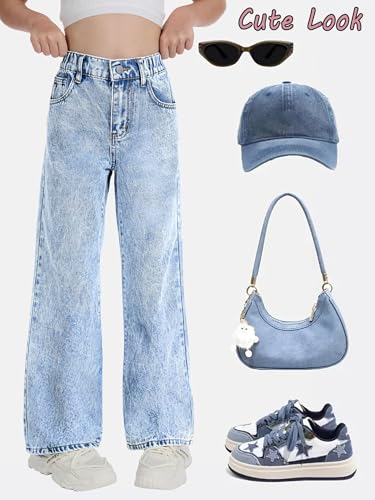 Image of Jeans for Girls Baggy Wide Leg Cute Bow High Elastic Waisted Denim Pants Y2K Boyfriend Skater Streetwear 7-14Y
