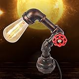 Lampe de table industrielle avec base en bois massif marron foncé, bride en fonte Steampunk