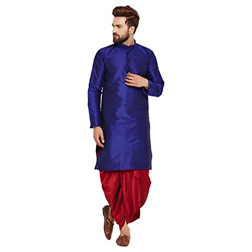 Image of SOJANYA (Since 1958 Men's Off-White and Gold Dupion Silk Dhoti Kurta Set