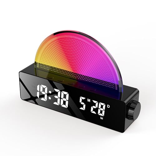 WEYIMVTO Reloj Despertador Digital LED Reloj electrónico con Espejo LED, Sonidos e iluminación Ambiental, función de simulación del Amanecer, sin tictac.(Black)