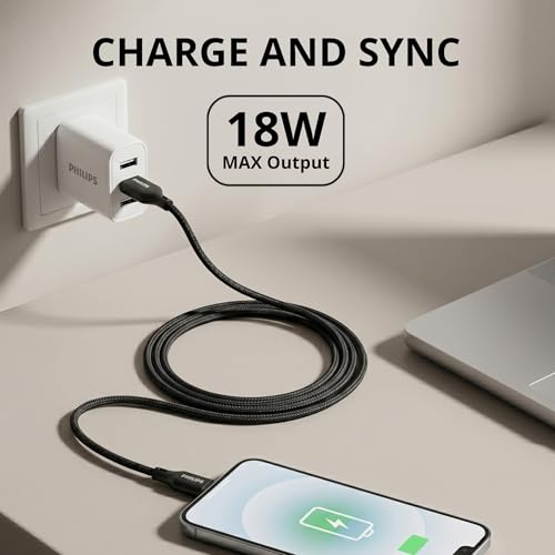 Image of PHILIPS DLC4130AB /94 18W Type-A to Type-C Fast Charging Cable (1m, Dark Slate) | Nylon Braided | Compatible with iPhone 15+ Series, USB-C iPad Models, Samsung Galaxy & All Type C Devices