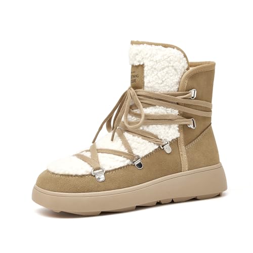 BEAU TODAY Snow Boots for Women, Suede Fur Womens Platform Boots Anti-Slip Lace Up Round Toe Ankle Boots Comfort Outdoor Walking Winter Shoes