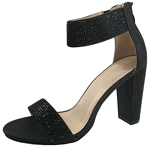 Women's Open Toe Crystal Rhinestone Ankle Strap Chunky High Heel Dress Sandal, Black, 6.5