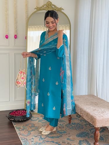 Image of Naixa Women's Viscose Embroidered Straight Kurta with Pant and Dupatta Sets (Available in Plus Size) (NX-674)