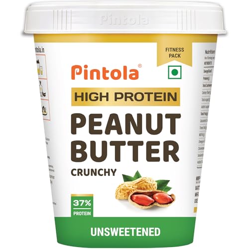 Pintola High Protein All Natural Peanut Butter Unsweetened 37% Protein Imported Whey Protein and Roasted Peanuts, Crunchy, 510gm