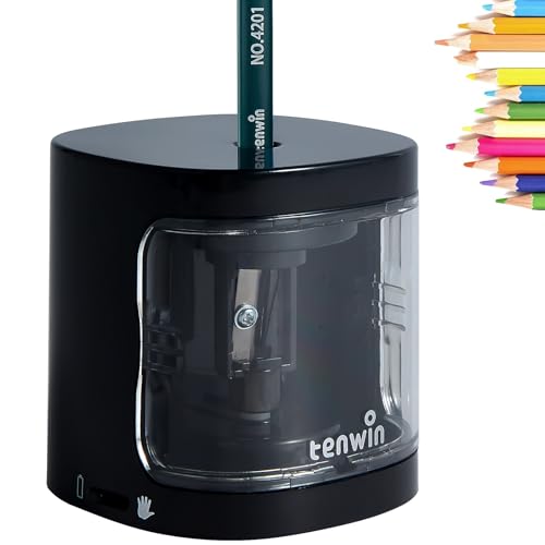 tenwin Sacapuntas eléctrico, sacapuntas automático a pilas para lápices de colores n.º 2 de 6 a 8 mm, hoja duradera para afilar rápidamente, adecuado para la escuela/aula/oficina/hogar (negro)