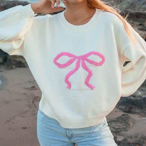 Image of Women Y2K Fall Sweater Cute Bow Print Long Sleeve Cable Knit Pullover Casual Oversized Jumpers for Women