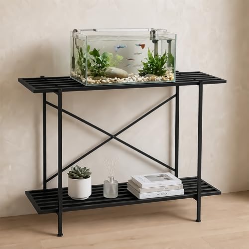 Image of Amazon Basics 2-Tier Fish Tank Stand | Heavy-Duty Metal Aquarium Rack | Adjustable Feet | Multi-Purpose Storage Shelf | Rust-Resistant Powder Coated Finish | Easy Assembly | Black | 88L x 29W x 74H cm
