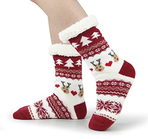 BenSorts Kids Thick Warm Slipper Socks 2 Pairs Purple Stripe Deer with 2 Pairs Christmas Red Blue Slipper Socks4