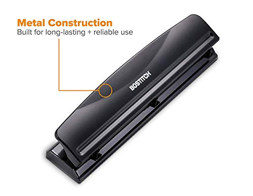 Image of Bostitch Office 3 Hole Punch, Durable Metal, Rubber Base, 12 Sheets, Black