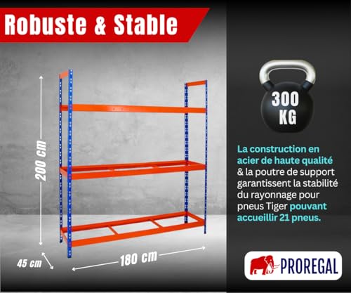 PROREGAL Étagère à pneus Tiger XL | HxLxP 200x180x45cm | Charge Max. 300kg | Jusqu'à 21 pneus | Bleu/Orange | Porte-Pneu, Rack à pneus, rayonnage, Stockage, Rangement, Support, Atelier, Garage – vue 2