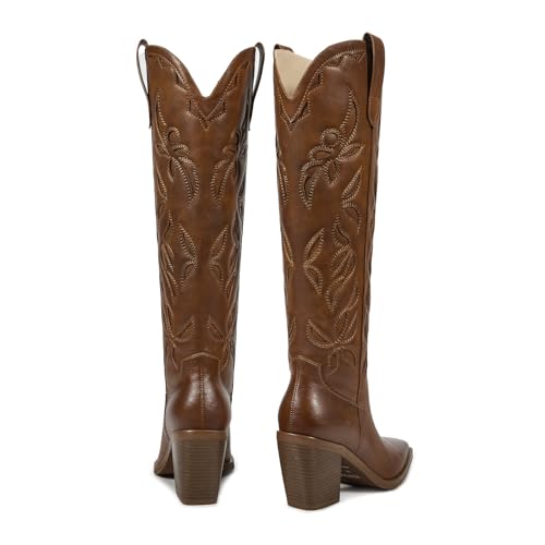 ISNOM Knee High Cowboy Cowgirl Boots for Women, Western Boots with Pull On Tab, Chunky Heel Design, Unique and Stylish2
